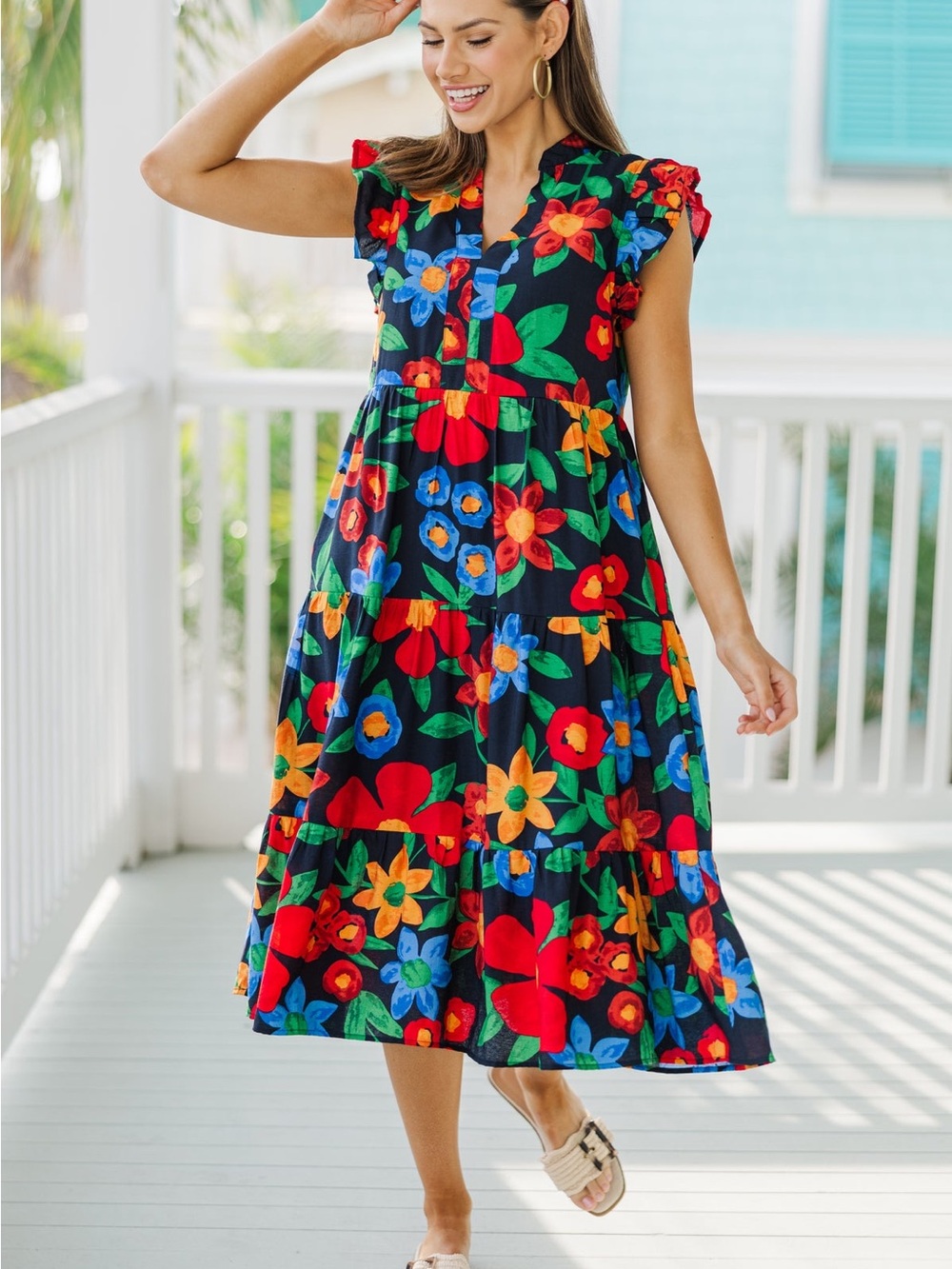 Entro Boutique Navy Floral Midi Dress Womens Size Large Boho Colorful